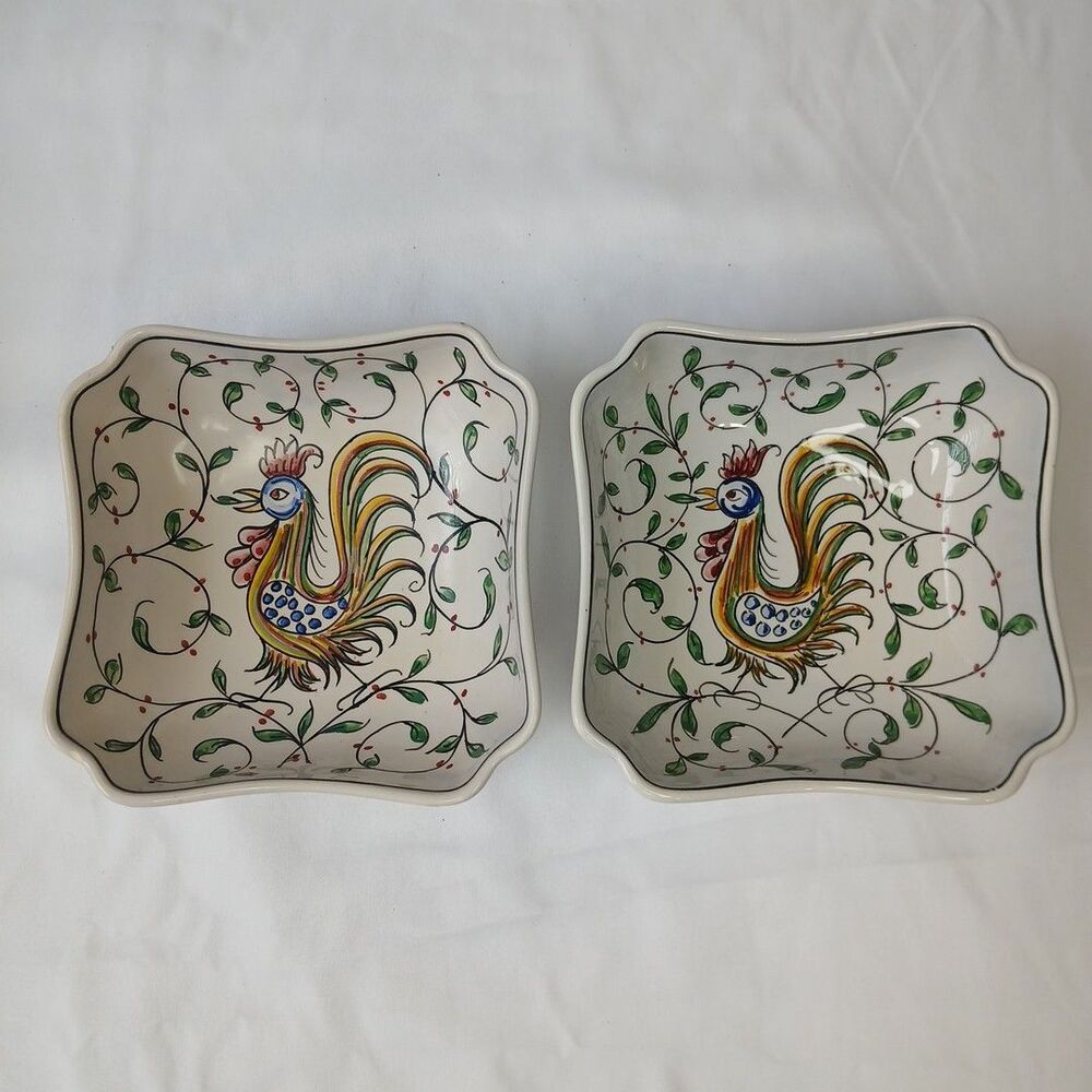 Outeiro Aqueda Portugal Hand Painted Porcelain Rooster Chicken Small Bowl Set 2
